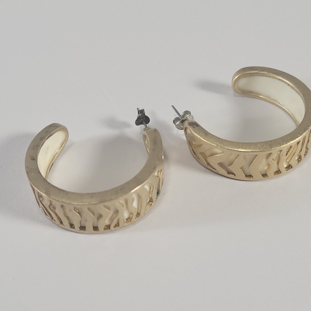 Gold Tone Hoop Earrings Womens Gold White Cutout Enamel C-Hoop Statement